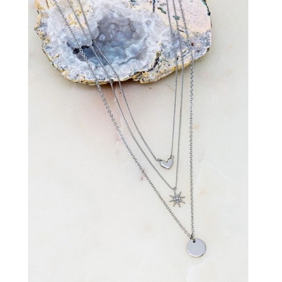 Jewelry - Silver Three Row Star Heart Disk Charm Necklace